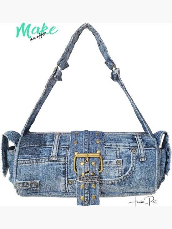 Handbags - Upcycled Denim Barrel Shoulder Bag with Brass Rivet & Buckle Details